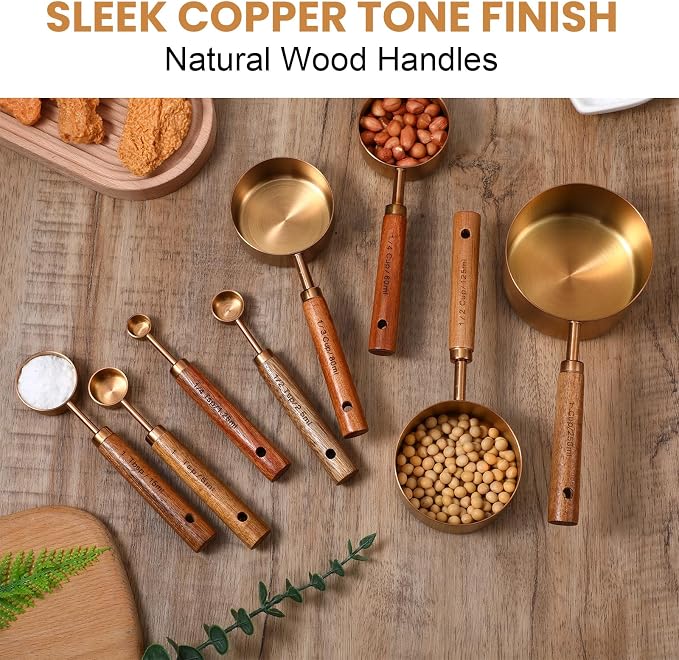 8-Piece Stainless Steel Measuring Cups and Spoons Set - Rose Gold Baking Measuring Cups and Spoons Set with Wooden Handles for Cooking & Baking (US & Metric Measurements)