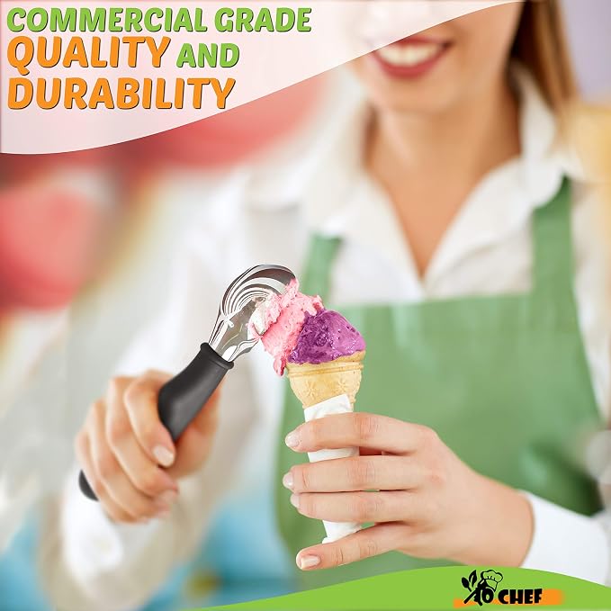 Ice Cream Scoop - Comfortable Silicone Non-Slip Black Grip - Dishwasher Safe Ice Cream Scooper Antifreeze - With Bonus stainless steel Melon Baller/Carving Knife Tool By Jo Chef (Black 2020)