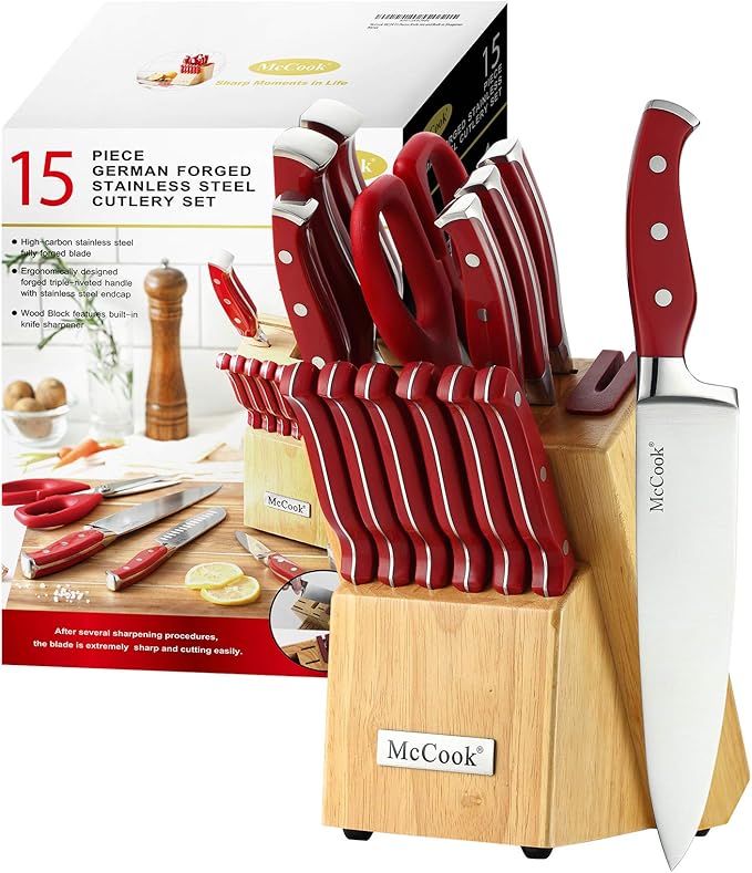 McCook® Knife Sets, High Carbon Stainless Steel Kitchen Knife Block Sets with Built-in Sharpener, 15 Piece, Forged Triple Rivet,Full Tang, Elegant Red & Stylish Wooden Block for Modern Culinary