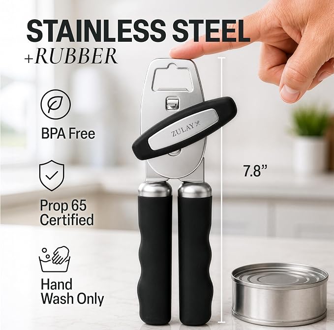 Zulay Kitchen Heavy Duty Stainless Steel Can Opener Manual with Bottle Opener - Rust Proof Manual Can Opener With Turn Knob & Comfy Soft Grip Handles - Black