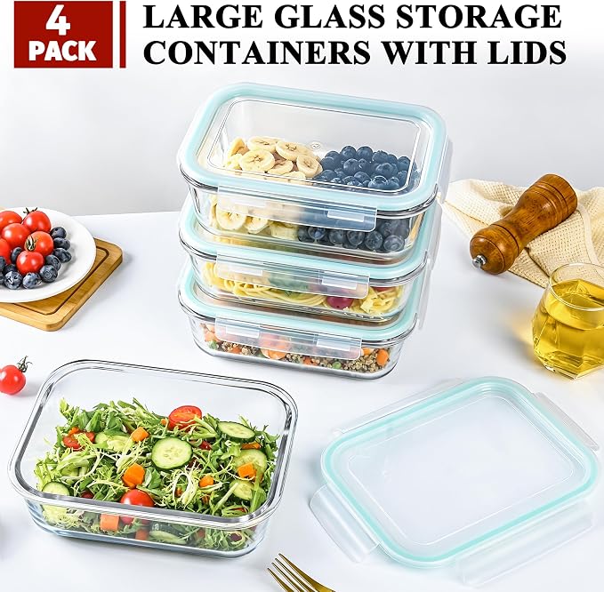 GEHE 4 Pack 52oz Glass Food Storage Containers with Lids, Large Glass Storage Containers with Airtight Lids, Meal Prep Container for Storing & Serving, Leak Proof, BPA Free, Microwave/Oven Safe