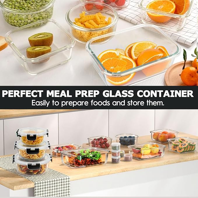 AMALEKO 42pcs Glass Food Storage Containers with Snap Locking Lids Set, Glass Meal Prep Containers (21 Container & 21 Lids),Leak Proof Lunch Containers BPA-Free,Black