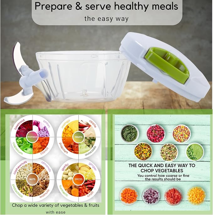Brieftons Manual Food Chopper, Compact & Powerful Hand Pull Chopper Blender to Chop Onion, Garlic, Vegetables, Fruits, Herbs for Salsa, Salad, Pesto, Hummus, Coleslaw, Puree, Indian Cooking