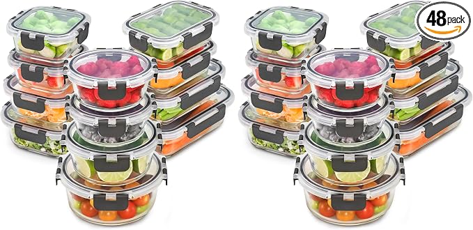 Freshware Glass Storage Containers with Lids, 24 Pieces, 12 Containers with 12 Lids, Glass Meal Prep Container for Lunch, Food Storage Containers, Leak Proof, Freezer Safe, Gray (Pack of 2)