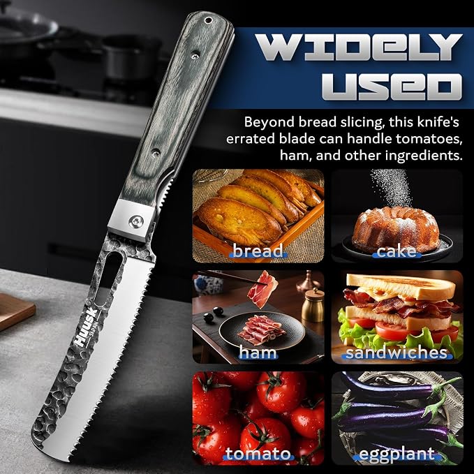 Huusk Japanese Folding Bread Knife - Pocket Knife with Wide Wavy Edge for Homemade Bread, Steak and Tomato - Hand Forged Kitchen Knives for BBQ, Camping and Travel - Gift for Men and Women