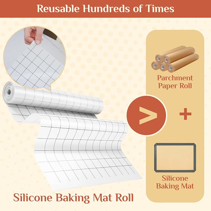 GTJ Silicone Baking Mat Roll, Reusable Baking Sheet Liners, 12 in x 10 ft | Free Cut to Size, Food-Grade, Non-Stick, Non-Slip, For Dough, Pastry, Air Fryer, Freeze Dryer, Oven Pan, Kitchen Counter