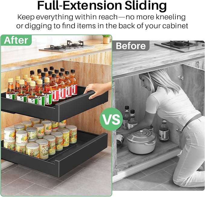 Pull Out Cabinet Organizer with Nano Adhesive, Heavy Duty Full-Extension Slide-Out Drawer for Kitchen Cabinet Organizers and Storage, No Drill Roll out Pantry Shelf, 18.5"W x 16.9"D x 3.1"H , Black