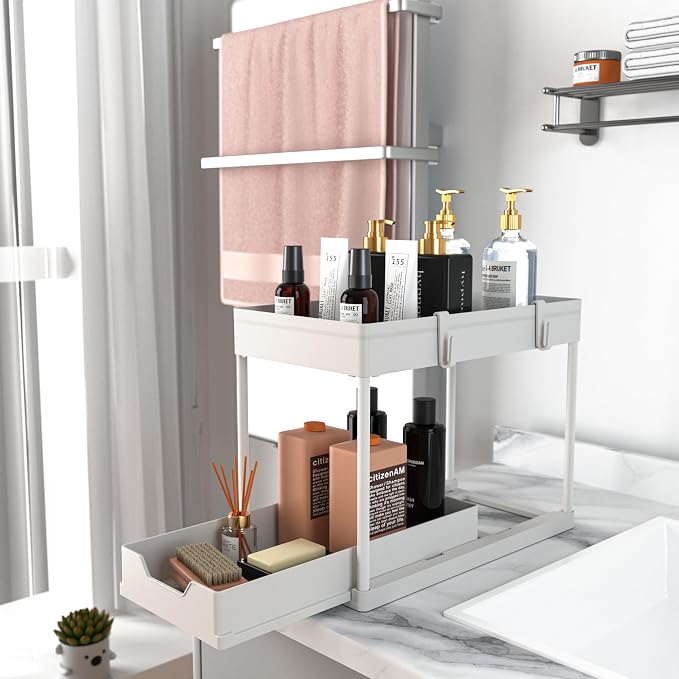 MEAFBIRD 2 Pack Under Sink Organizer, 2 Tier Bathroom Cabinet Organizer with Sliding Basket, Multi-Purpose Under Sink Organizers and Storage for Bathroom Kitchen (White 2 Pack)