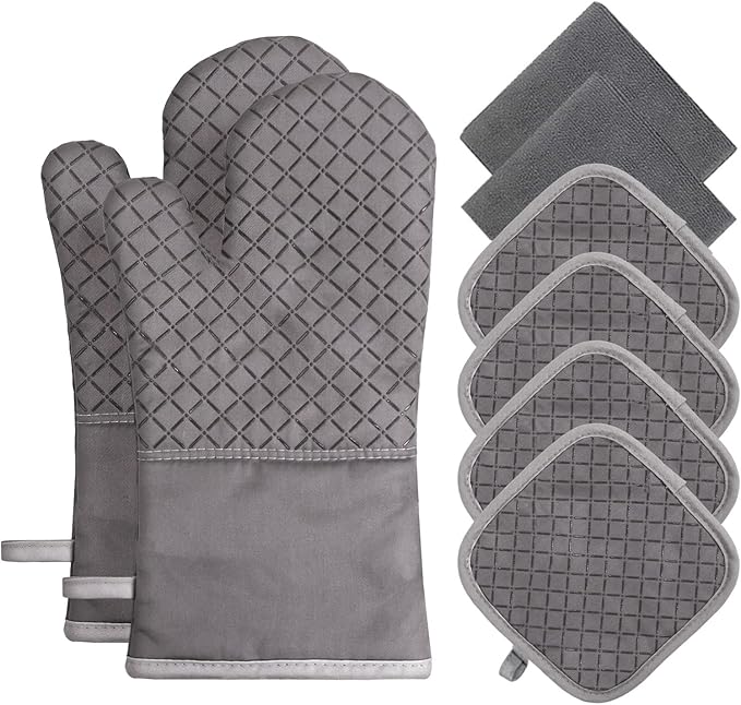 Oven Mitts and Pot Holders Set, 8 Piece Oven Gloves with Silicone Grip, Cotton Pot Holders and Kitchen Towels, Heat Resistant to 500°F, Machine Washable, Kitchen Set for Cooking, Baking