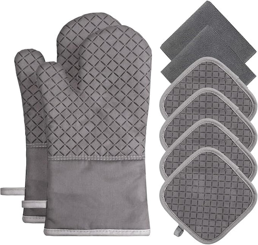 Oven Mitts and Pot Holders Set, 8 Piece Oven Gloves with Silicone Grip, Cotton Pot Holders and Kitchen Towels, Heat Resistant to 500°F, Machine Washable, Kitchen Set for Cooking, Baking