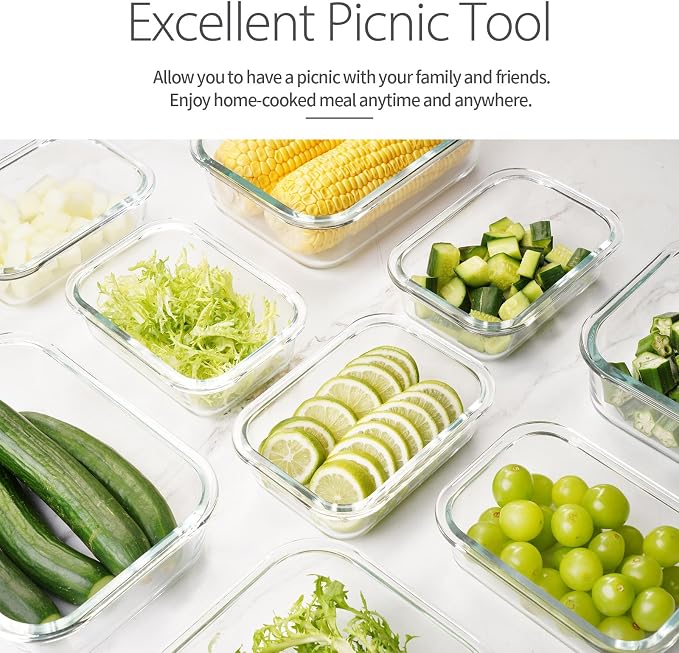 AILTEC Glass Food Storage Containers with Lids, 10 Pack Meal Prep Set | 12.5oz/35.5oz Rectangle Set, Borosilicate Glass, Leak Proof, Oven, Microwave & Freezer Dishwasher Safe, BPA Free