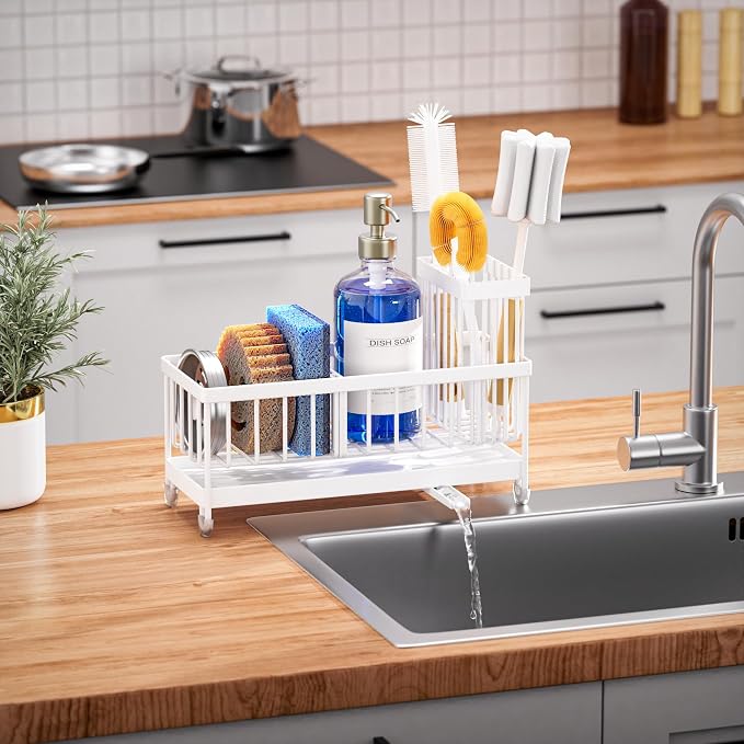 Cisily Sponge Holder for Kitchen Sink, Sink Caddy Organizer with High Brush Holder, Kitchen Countertop Organizers and Storage Essentials, Rustproof 304 Stainless Steel (Cool White, Large)