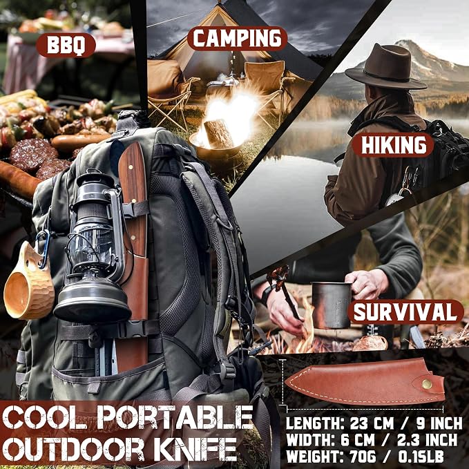 ROCOCO Cleaver Knife for Meat Cutting Butcher Viking Boning Knife Hand Forged In Fire Chopping Cutter with Sheath Outdoor BBQ Camping Birthday Christmas Chef Gift Idea Men 8.4"