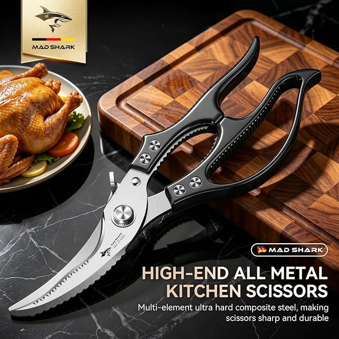 MAD SHARK Professional Heavy Duty Poultry Shears - Kitchen Shears for Spatchcocking Chicken and Meat Cutting, Multi-Purpose Kitchen Scissors for Food, Spring-loaded (Black)