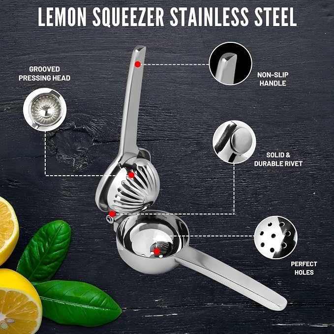 Extra Large Lemon Squeezer - Heavy Duty Stainless Steel Citrus Press with Jumbo Bowl - Manual Juicer for Lemons, Limes & Oranges - Professional Strength Metal Squeezer - Dishwasher Safe