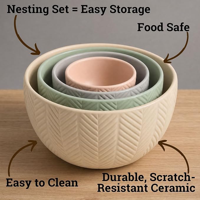 Ceramic Mixing Bowls Set of 4 pcs, Colorful Nesting Bowls 5, 3, 1, 0.5 Qt | Thick, Durable, Scratch Resistant Ceramic, Nesting Set of 4, Dishwasher, Freezer, Microwave, and Oven Safe, Wide Stable Base