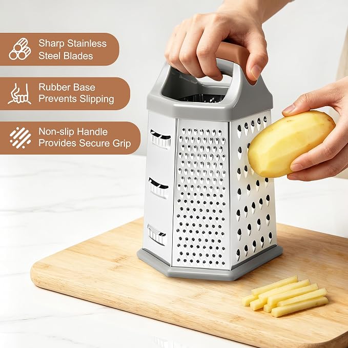 Box grater for kitchen 6 Sided - Cheese Graters Handheld, Stainless Steel Shredder for Food Vegetable Carrot Potato Tomato (Brown)
