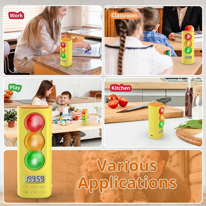 Traffic Light Visual Timer&ADHD Tool for Kids Adults Display Volume Adjustment, with 4 Ringtones for Classroom Desk Home Kitchen Game Countdown Pause Memory Function Charger Type C (Yellow)