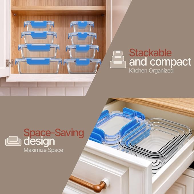 Bakken Borosilicate Glass Food Storage Containers with Lids 24 Pieces, BPA-Free Stackable Lunch & Leftover Containers, Microwave, Freezer & Dishwasher Safe, 100% Airtight Leak-Proof, Blue
