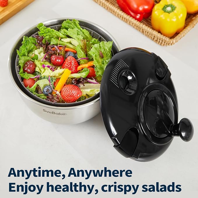 Stainless Steel Salad Spinner, 4.8 Qt Vegetable Washer, BPA-Free Lettuce Dryer with Crank Design, Dishwasher Safe, Non-Slip Base - Black Lid