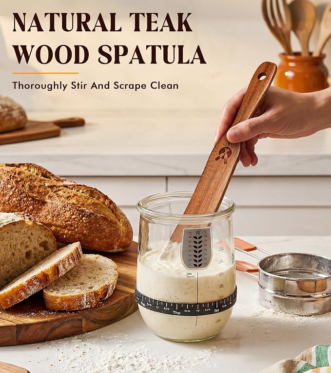 Skinny Spurtle for Sourdough Starter, Mixing, Reaching Bottom of Jar, Dough Whisk, Natural from High Moist Resistance Teak, Spurtles Kitchen Tools Wooden Kitchen Utensils for NonStick Cookware