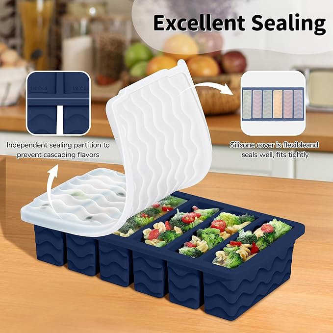 3-Pack Silicone Freezer Trays with Lid,2 Large 2-Cup(500ml)&4 Medium 1-Cup(250ml)&6 Small 1/2-Cup(125ml) Soup Freezer Container Molds,Ice Cube Tray For Meal Prep&Freezing Soup,Stews,Sauces