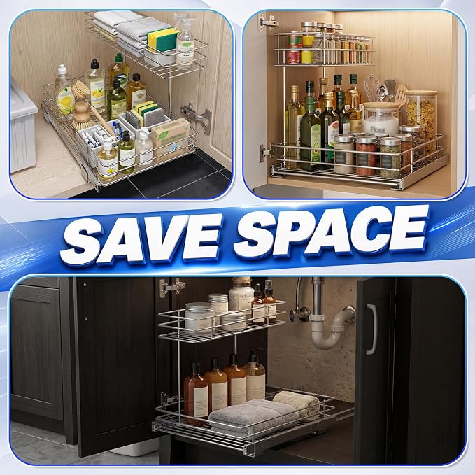 Hicarer 2 Tier Pull out Metal Under Sink Cabinet Organizer 12.6"W x 16.54"D | Metal Sliding Drawer Shelf Storage Rack Organization for Kitchen Cabinets, Pantry, Laundry, Bathroom, Chrome Finish