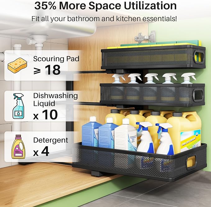 Kitstorack Under Sink Organizer, 2-Pack 3-Tier Height Adjustable Thickened Metal Pull out Cabinet Organizer Shelf, Slide out Storage Drawer Rack for Bathroom Kitchen Pantry Home Laundry Organization