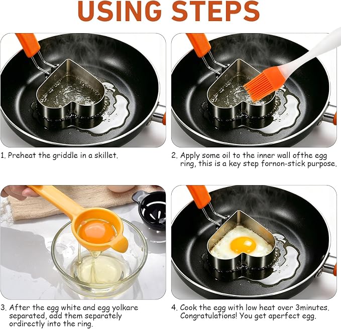 8 Pcs Nonstick Stainless Steel Egg Rings,Multi-Shape Egg Cooking Molds with Silicone Handle,Oil Brush & Egg Separator,Kitchen Griddle Accessories for Frying Eggs,Omelets,Pancakes,Muffins
