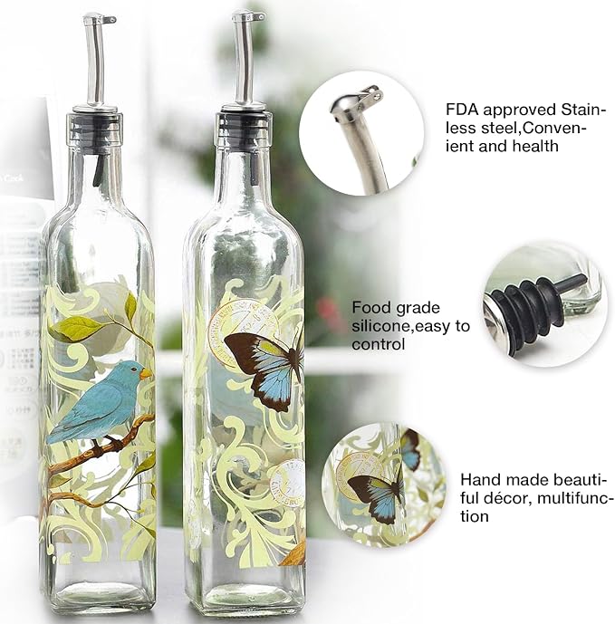 CEDAR HOME Olive Oil Bottle Set Glass Dispenser Vinegar Cruet 17oz. with Stainless Steel Leak Proof Pourer Spout for Cooking or Salad
