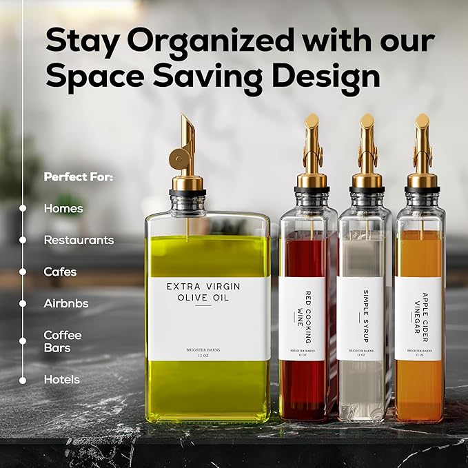 Glass Olive Oil Dispenser Bottle for Kitchen by Brighter Barns - Coffee Syrup Dispenser, Oil and Vinegar Bottle - Modern Kitchen Essentials for Restaurants, Coffee Bar, Airbnb (Clear/Gold, Set of 2)
