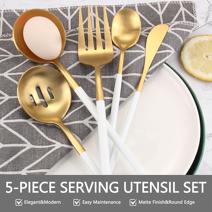 Serving Utensils,Set of 5 Matte Whitegold Large Serving Spoon,Slotted Serving Spoon and Serving Fork,with Sugar Spoons and Butter Knife,Stainless Steel Serving Utensils Set for Party Catering Buffet