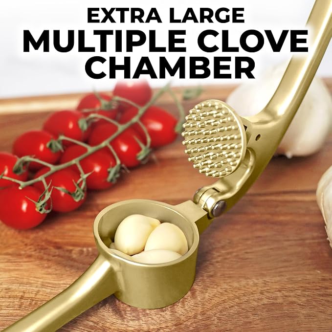 Zulay Kitchen Large Premium Garlic Press Set - Bigger Bowl for Bigger Garlic - Rust Proof Garlic Mincer Tool - Easy-Squeeze, Easy-Clean Silicone Garlic Peeler & Brush (Gold)