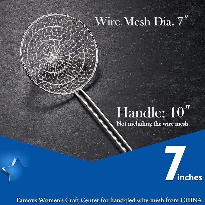 Hicook Stainless Steel Kitchen Spider Strainer Skimmer Ladle Food Dumpling Noodle Strainer for Pasta Spaghetti Noodles and Frying, 7 inches
