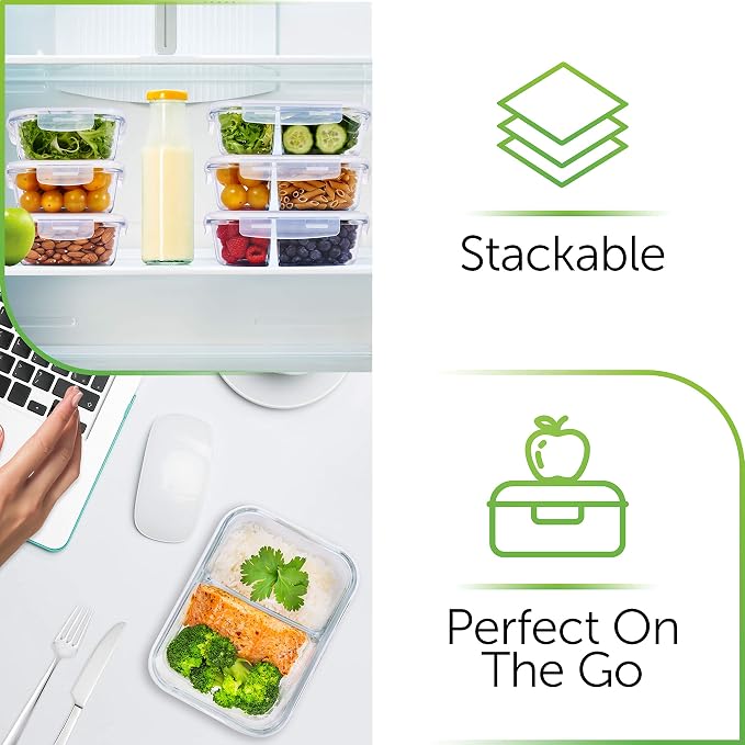 Prep Naturals 5 Pack 36oz Glass Meal Prep Containers - 2 Compartments | 2-Compartment Borosilicate Glass Meal Prep Containers - Airtight Lids, Microwave, Oven & Freezer Safe (5-Pack, 36 oz)