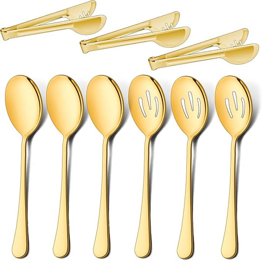 LIANYU 9-Piece Large Gold Serving Utensils Set, 9.8 Inch Stainless Steel Buffet Banquet Catering Serving Spoons Tongs Set, Dishwasher Safe