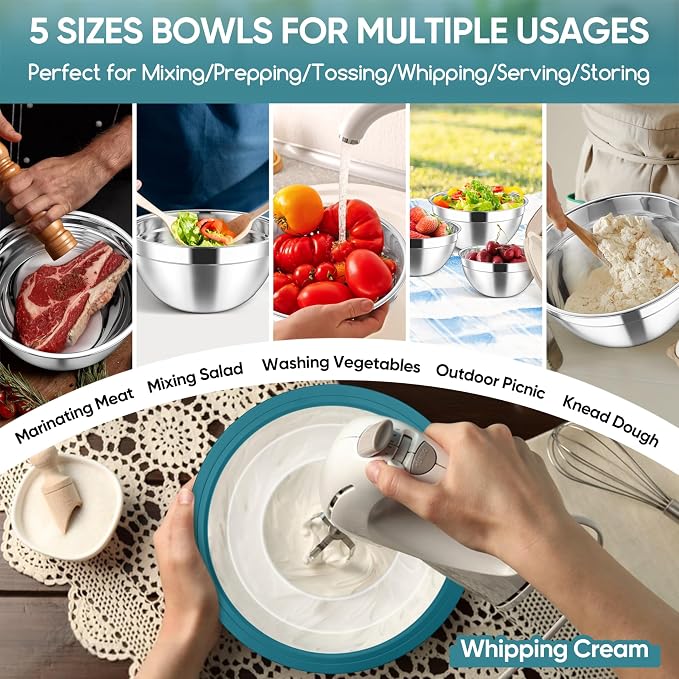 Herogo 5-Piece Mixing Bowls with Airtight Clear Lids, 3 Grater Attachments, Stainless Steel Large Bowls of 5 for Kitchen, Size 4.6, 3.5, 2.5, 2, 1.5QT Ideal for Mixing and Serving, Blue