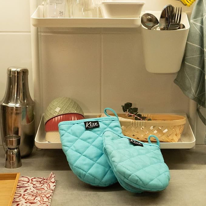 Oven Mitts Heat Resistant – (Aqua Color) Mini Oven Mitts, Silicone Gloves Heat Resistant, Kitchen Gloves for Cooking, Silicone Oven Mitts & Pot Holders Sets, Kitchen Pot Holders & Oven Mitts Sets
