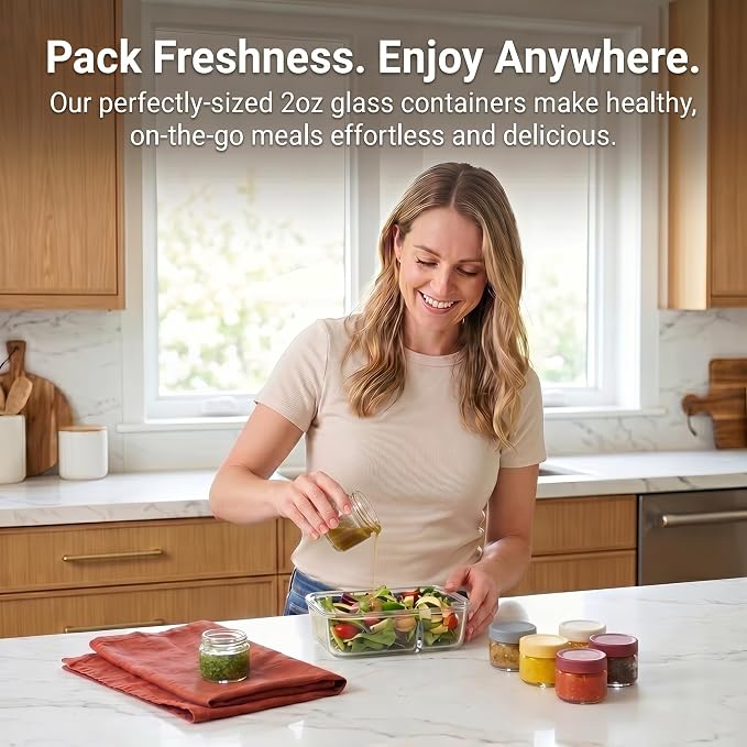 2oz Glass Dressing Containers With Lids, Sauce Jars for Lunch, 12pk | Airtight ,BPA Free,Perfect for to go lunch box Accessories , Dishwansher safe