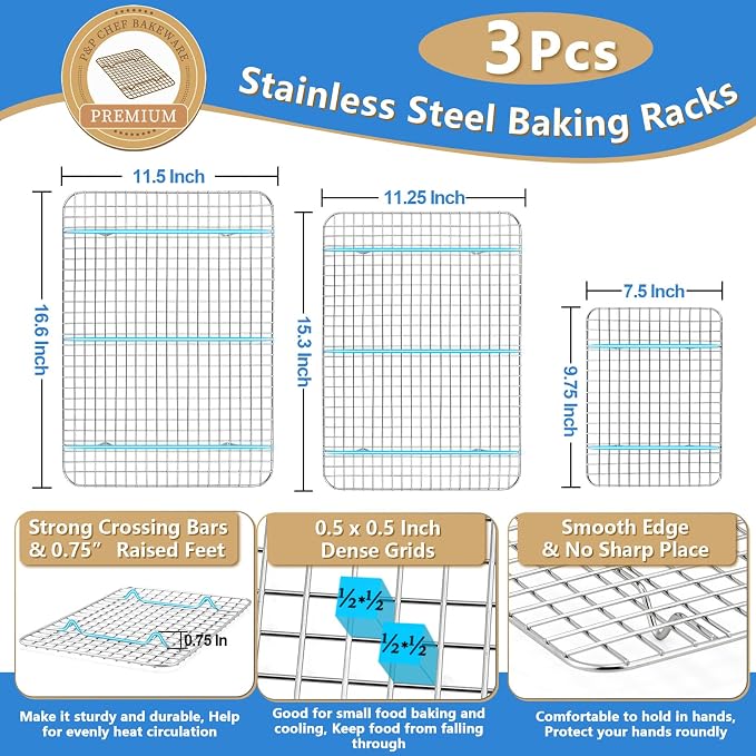 P&P CHEF 17.5 + 16 + 10.4 Inch Baking Sheet Pan and Cooking Rack - 6 Pieces | 3x Cookie Sheet + 3x Grid Rack, Stainless Steel Oven Tray with Wire Rack for Oven Baking, Healthy & Sturdy & Easy to Clean