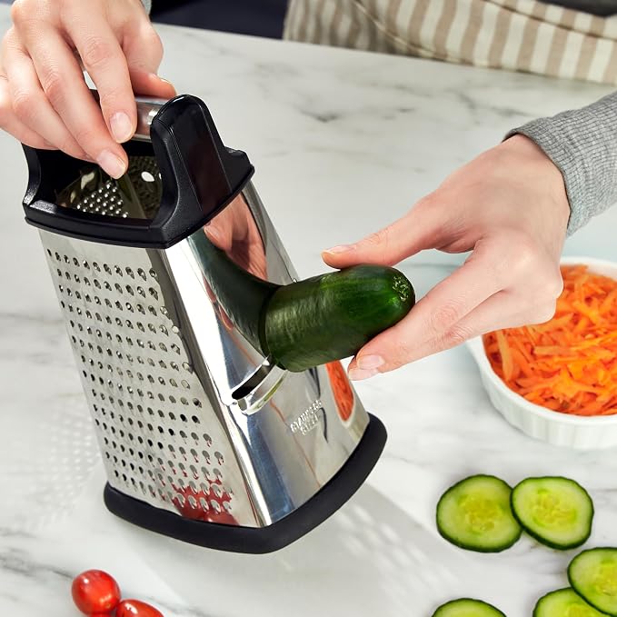 BASSWOOD Professional Cheese Grater, XL Size 4-Sided Stainless Steel Box Grater, Food Shredder for Cheese, Cheese Shredder - Cheese Grater with Handle - Graters for Kitchen Stainless Steel Food Grater