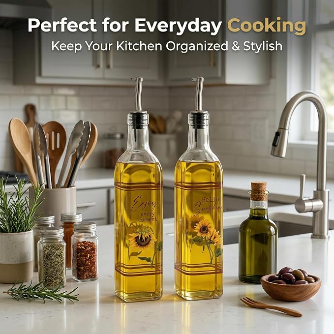 Topadorn 2-Pack 17oz Glass Olive Oil Dispenser Bottles with Stainless Steel Spout, Leak Proof Oil Dispenser Set, Folk Sunflower Rustic Kitchen Decor for Countertop & Cooking