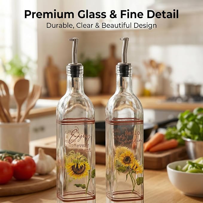 Topadorn 2-Pack 17oz Glass Olive Oil Dispenser Bottles with Stainless Steel Spout, Leak Proof Oil Dispenser Set, Folk Sunflower Rustic Kitchen Decor for Countertop & Cooking