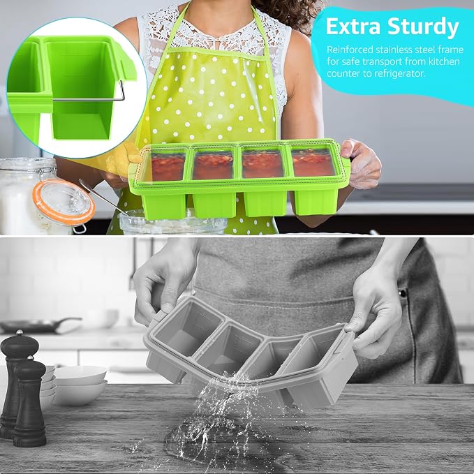 Ztomine Silicone Freezer Tray With Lid - Silicone Freezer Food Molds- Large Ice Cube Tray,Silicone Freezer Container,Freeze & Store Soup, Sauce, Broth,Leftovers - Makes 4 Perfect 1 Cup