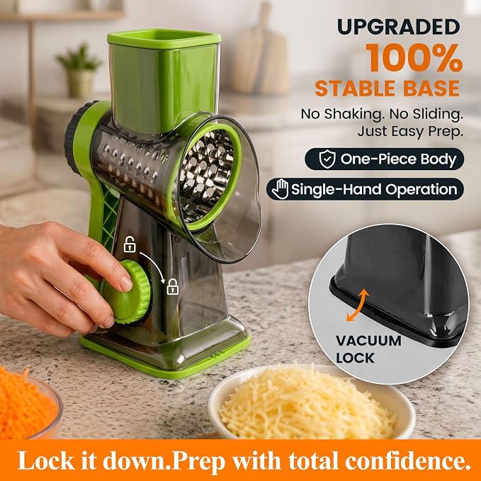 HANSGO Rotary Cheese Grater, 3 Stainless Steel Blades, Labor-Saving Handle, Strong Suction Base, for Cheese, Vegetables, Nuts, Chocolate & Fruits, Ideal for Family Meals, Salads, Pasta & Easy Cleanup