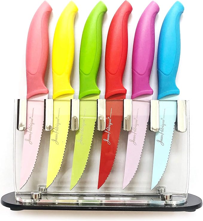 Jean-Patrique Non-Stick Steak Knife 6 Piece Set | Steel Blades Protector FREE Perspex Clear Knives Block