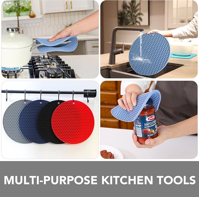 4 Pack Silicone Trivet for Hot Dishes | Heat Resistant Silicone Pot Holders for Kitchen Countertops, Hot Dishes, Jar Opener, Spoon Holder, Easy to Wash, Blue