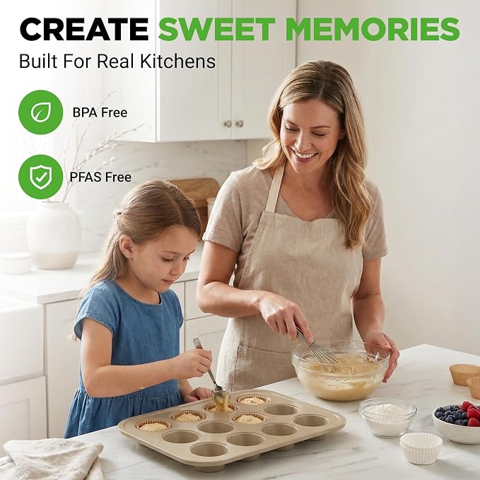 NutriChef Muffin Pans for Baking 2-Pack | Nonstick 12 Mold Cupcake Tins | Carbon Steel Stackable Cup Cake Trays | Dishwasher & Oven Safe | Includes 100 Parchment Paper Liners | 13 x 10 x 1 | Gold