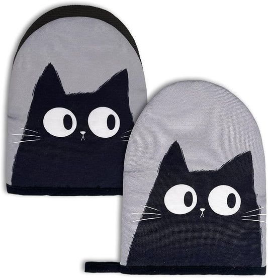 Black Cat Mini Silicone Oven Mitts 2-Pack Set, Heat Slip Resistant Kitchen Gloves, Soft Short Oven Mittens for Safe Cooking Baking Grilling