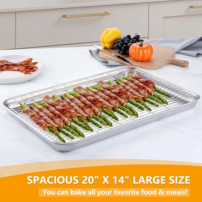 Homikit Large Baking Sheet with Wire Cooling Rack Set (2 Pans+2 Racks) | 20x14 Inch XL Stainless Steel Cookie Sheets & Cooling Racks, Big Metal Bacon Crisp Trays Non Toxic, Oven & Dishwasher Safe